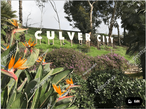 Each letter of “Culver City” is staked into a hill surrounded by flora