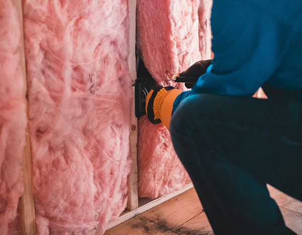 Insulation being placed inside a wall in a house